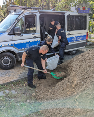 policjanci kopią piasek i wsypują go do worków, a worki do radiowozu