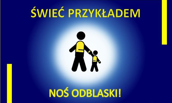 Sylwetki dzieci z plecakami na napis: Świeć przykładem - noś odblaski.