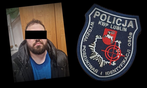 Kolaż zdjęć, który przedstawia zatrzymanego mężczyznę oraz logo Wydziału Poszukiwań i Identyfikacji Osób Komendy Wojewódzkiej Policji w Lublinie