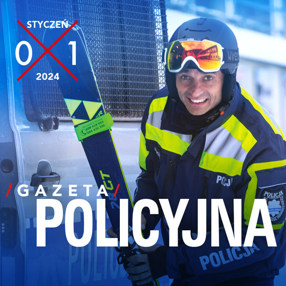 Fragment okładki Gazety Policyjnej przedstawiający policjanta na stoku z nartami w rękach.