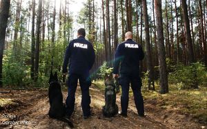 Dwaj policjanci w lesie, obok nich siedzą dwa psy.