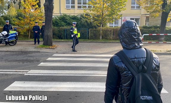 Pieszy przed przejściem dla pieszych. Po drugiej stronie przejścia widać umundurowanego policjanta, a z lewej strony trzech innych funkcjonariuszy i fragment policyjnego motocykla.