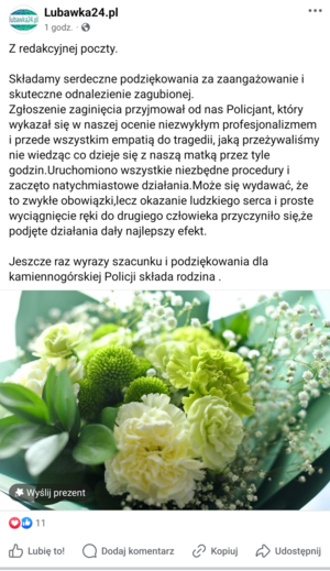 Podziękowania, które ukazały się na portalu: Lubawka24.pl.