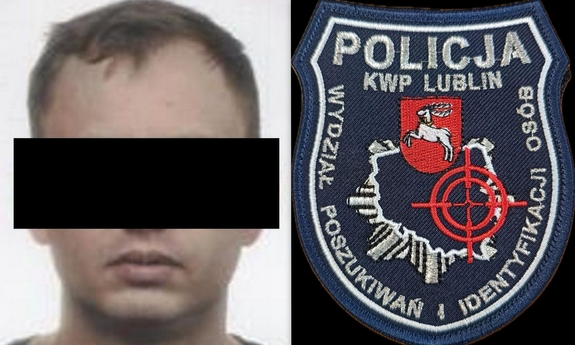 Wizerunek mężczyzny i odznaka z napisem KWP Lublin Wydział Poszukiwań i Identyfikacji Osób.