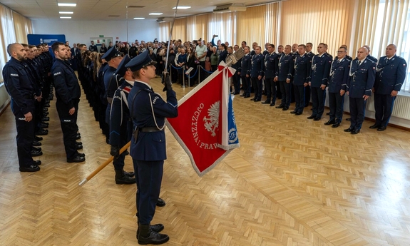 Policjanci podczas uroczystej zbiórki.