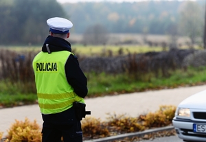 Na zdjęciu umundurowany policjant w żółtej kamizelce odblaskowej stoi naprzeciwko srebrnego pojazdu.