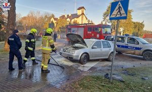 strażacy gaszą pożar samochodu.