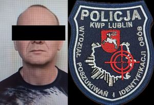 Kolaż dwóch zdjęć. Po lewej stronie wizerunek zatrzymanego mężczyzny, po prawej stronie naszywka z logo Wydziału Poszukiwań i Identyfikacji Osób Komendy Wojewódzkiej Policji w Lublinie.