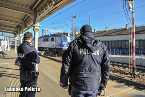 dwóch policjantów stoi na peronie.