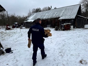 Na zdjęciu umundurowany policjant niesie drewno do domu.