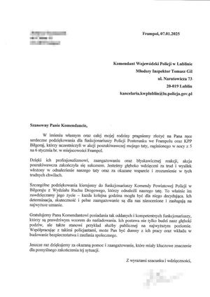 Treść podziękowań dla policjantów.