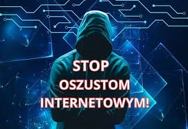 Zakapturzona postać na niebieskim tle a na środku napis: Stop oszustom internetowym.