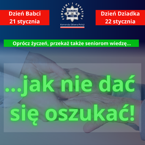 Grafika z napisem: oprócz życzeń przekaz także seniorom wiedzę... jak nie dać się oszukać!