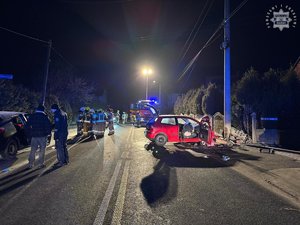 Rozbite auto i pracujące służby na miejscu.