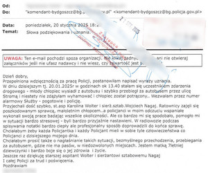 E-mail z podziękowaniami, którego treść znajduje się w tekście.