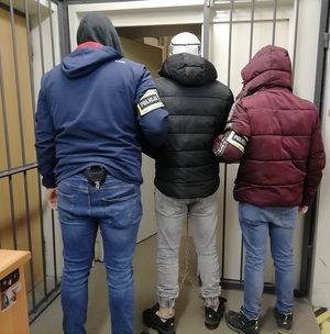 Dwaj nieumundurowani policjanci prowadzą zatrzymanego - widok z tyłu. Po bokach widać kraty.