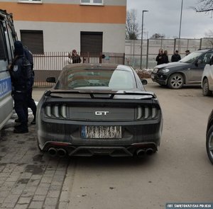 tył samochodu, który stoi obok radiowozu.