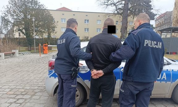 Policjanci prowadzą zatrzymanego mężczyznę do radiowozu.