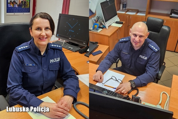 Dyżurni Policji przy biurkach - kolaż dwóch zdjęć.