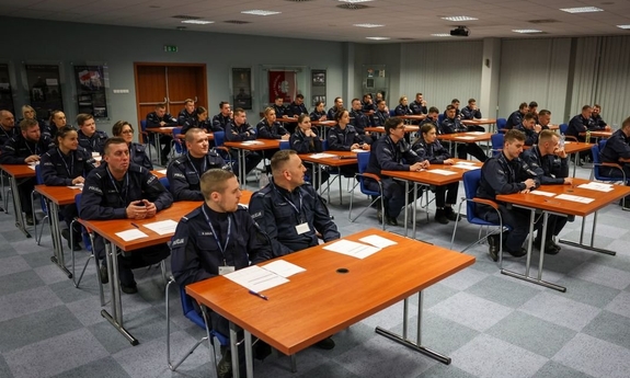 Policjanci siedzą w ławkach podczas egzaminu.