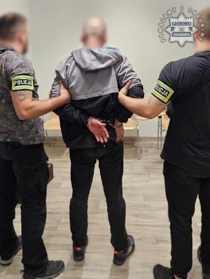 Dwaj nieumundurowani policjanci z opaskami z napisem &quot;Policja&quot;, prowadza zatrzymanego mężczyznę. Widok z tyłu.