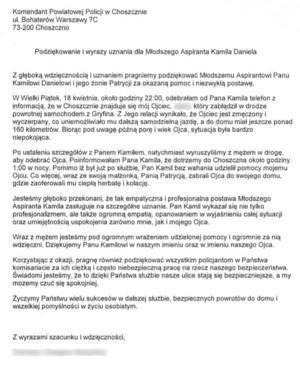 Na zdjęciu treść podziękowań skierowanych do Komendanta Powiatowej Policji w Choszcznie.
