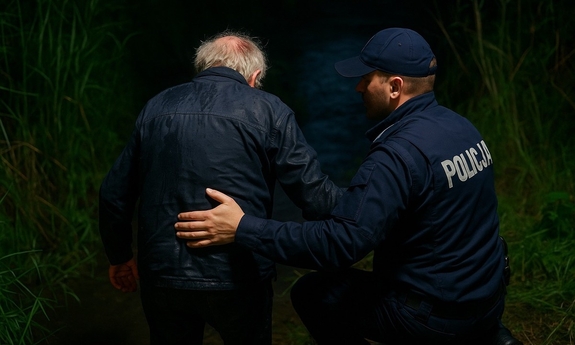 Policjant z odnalezionym seniorem.