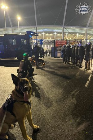 Policjanci zabezpieczający mecz stojący na tle Stadionu. Na pierwszym planie policyjny pies.