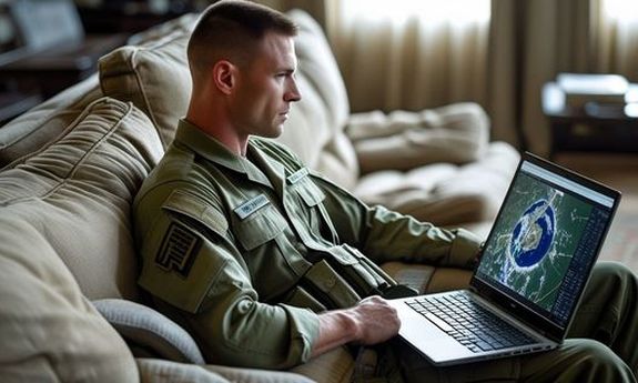 Mężczyzna w mundurze siedzi na kanapie, na kolanach trzyma laptopa.
