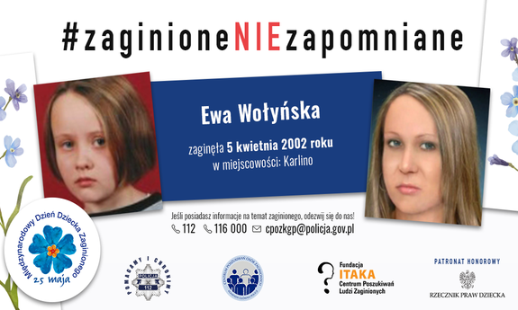 Grafika przedstawia dwa zdjęcia Ewy: jedno z dnia, kiedy zaginęła – dziewczynki z delikatnym uśmiechem. Drugie – to progresja wiekowa, pokazująca jak mogłaby wyglądać dziś, jako dorosła kobieta.
