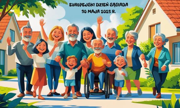 Rysunek, na którym widać grupę ludzi a u góry napis: Europejskie Dzień Sąsiada 30 maja 2025.