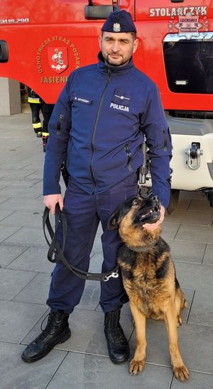 Na zdjęciu umundurowany policjant z psem służbowym