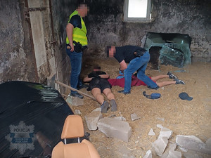 Dwaj nieumundurowani policjanci pochylają się nad dwoma zatrzymanymi osobami, które leżą na ziemi.