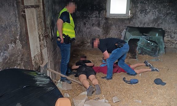 Dwaj nieumundurowani policjanci pochylają się nad dwoma zatrzymanymi osobami, które leżą na ziemi.