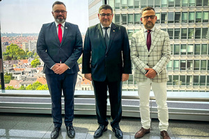 Trzej mężczyźni w  garniturach pozują do zdjęcia.