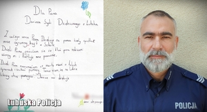 Kolaż zdjęć przedstawia policjanta i przesłane podziękowania.