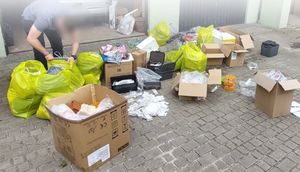 Policjant podczas zabezpieczenia podrobionych artykułów.