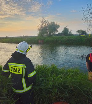 Strażacy stoją na brzegu rzeki Wieprz.