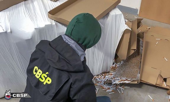 Policjant CBŚP przy zabezpieczonych papierosach.