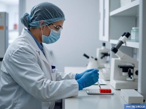 zdjęcie poglądowe kobiety siedzącej przy biurku w laboratorium.