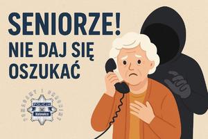 Na zdjęciu grafika na której jest seniorka z telefonem przy uchu, a za nią osoba w kapturze oraz napis Seniorze! Nie daj się oszukać.