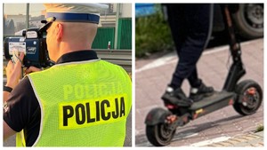 Zdjęcie poglądowe - z lewej strony policjant mierzący prędkość, z prawej widoczne są nogi osoby jadącej hulajnogą.