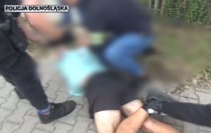 Policjanci zakuwają na ziemi zatrzymanego.