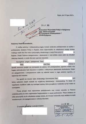 Pismo z podziękowaniami, którego deskrypcja znajduje się pod tekstem.