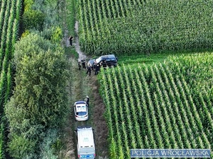 Widok z drona na miejsce znalezienia mężczyzny kierującego samochodem. Widoczne pola z rosnącymi zbożami i innymi roślinami uprawnymi oraz pojazdy stojące na polnej drodze.