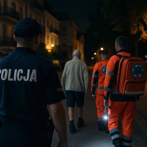 noc, policjant idzie z dwoma ratownikami i odnalezionym mężczyzną.