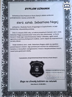 Zdjęcie podziękowań dla policjanta.