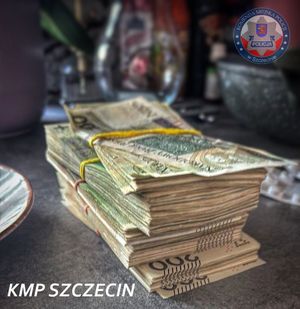 Zabezpieczone przez policjantów pliki pieniędzy.