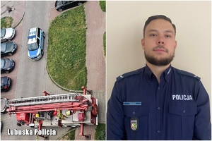 Kolaż dwóch zdjęć.  Po prawej zdjęcie dzielnicowego, po lewej wóz strażacki i radiowóz policyjny przed budynkiem, gdzie doszło do zdarzenia.