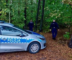 Umundurowani policjanci wchodzą do lasu. Z lewej strony widoczny jest policyjny radiowóz.